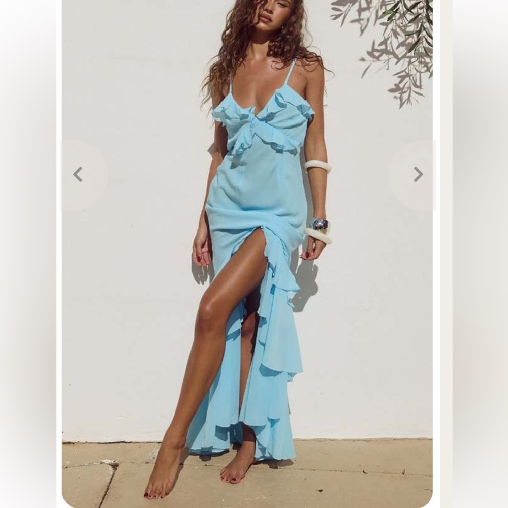 Nawarii maxi Elegant Blue Ruffle Maxi Dress